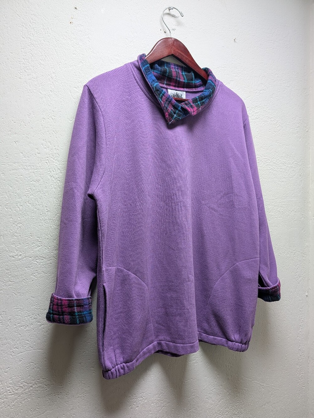 Vintage 1990s Purple Mock-neck Fleece Sweatshirt Plaid Accent Cozy Cabincore